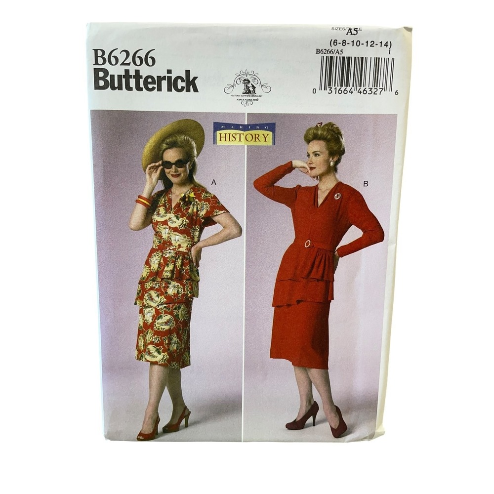 Butterick B6266 Dress Sewing Pattern Misses 6-14 Retro 40s Peplum V-Neck Uncut